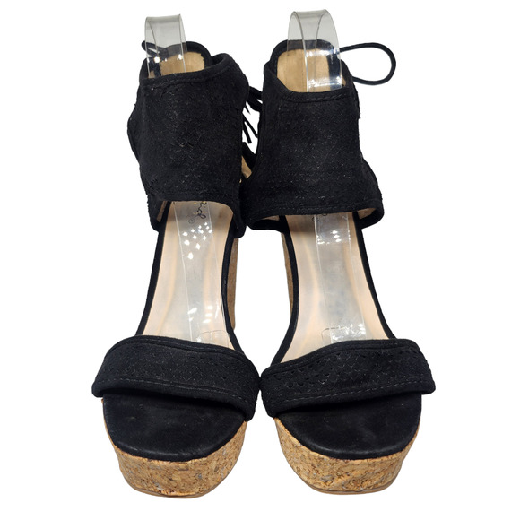 Black Boho Wedge Heels Womens 7.5 Platform Tassel Peep Toe Dressy Evening - Picture 3 of 10